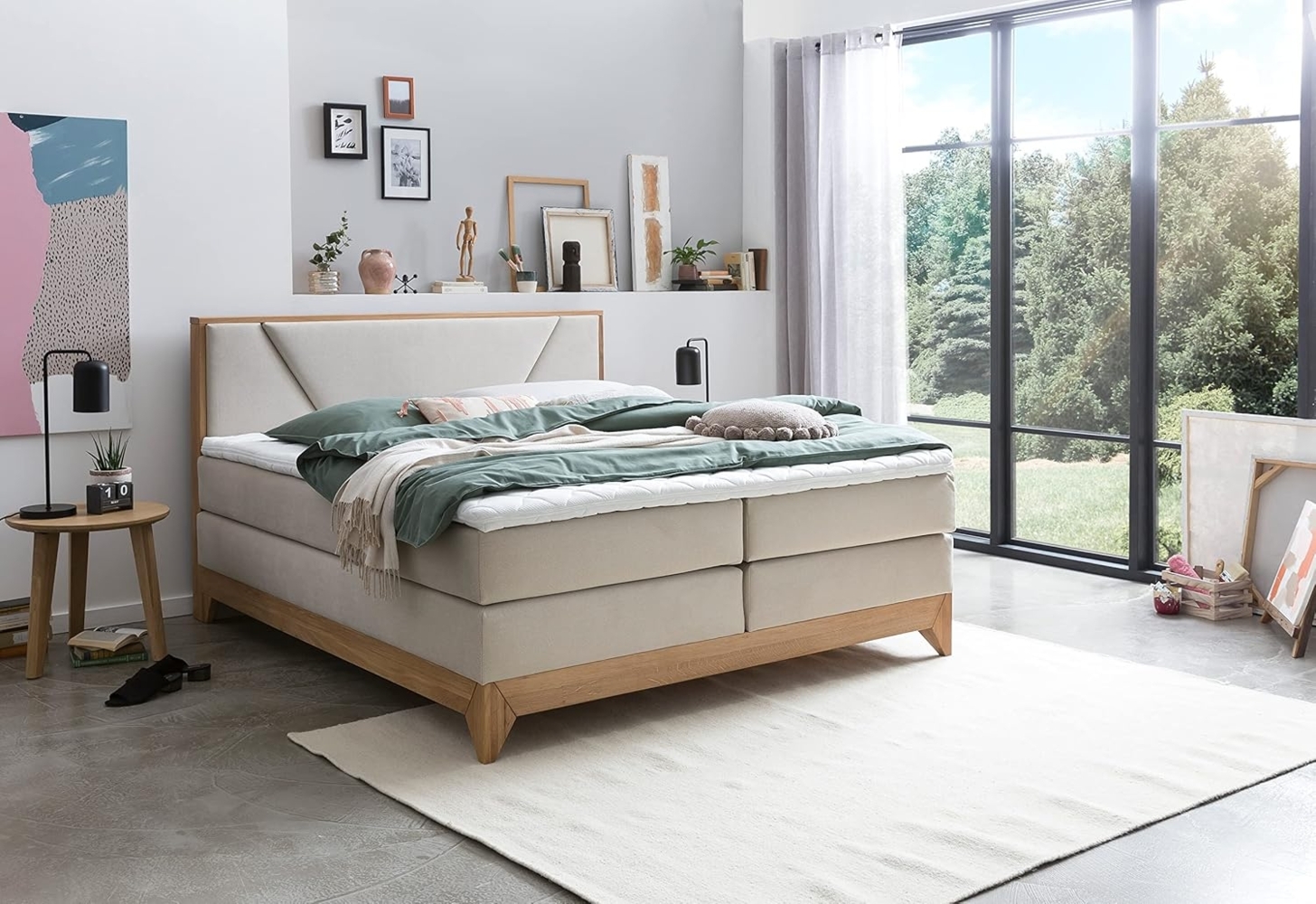 Belanoti Boxspringbett Riviera (Boxspringbett 180x200 Eiche 7-Zonen Taschenfederkern Matratze inkl, Visco Topper Bett 180x200 in der Farbe Beige H2/H3 Polsterbett), Hotelbett mit Massivholz Eiche Massivholzbett Bild 1