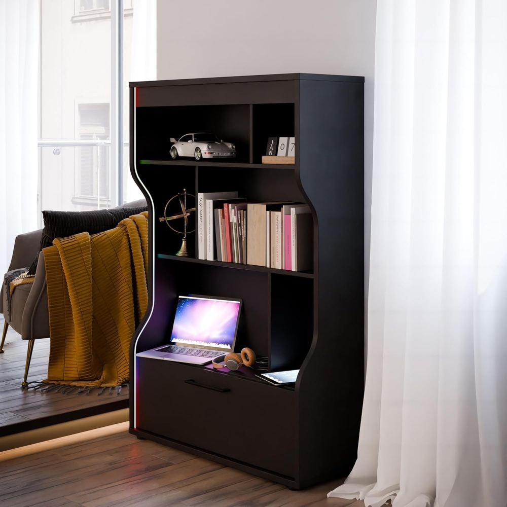 Forte Pittsfield Regal 65, Modernes Regal mit 1 Schublade und 2 Regalböden, Holzwerkstoff, Schwarz, 89,8 cm breit, 135,2 cm hoch, 33 cm tief Bild 1