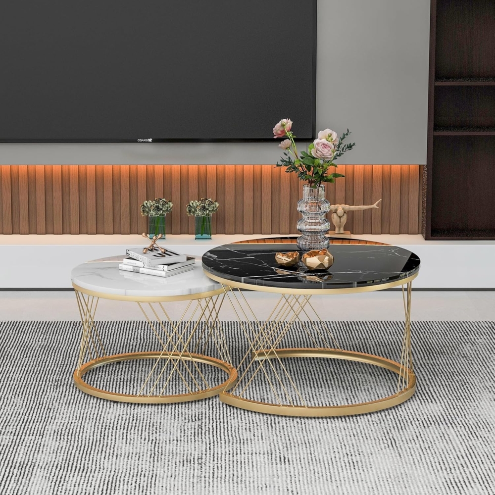 FurnitureR Moderne Nesting Couchtisch, Couchtisch Satz Marmor Furnier Sofa Seite Nest von Tischen Runde Endtische, Satz von 2, Goldene Farbe Frame Bild 1
