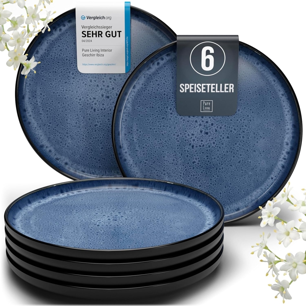 Steingut Teller groß 6 Pers. Ibiza Hochwertiges Mediterranes TEST SEHR GUT Steingut Speiseteller Set - Spülmaschinen-, Mikrowellen- und Kratzfest - Stylisches Essteller Set - Pure Living in Tiefblau Bild 1