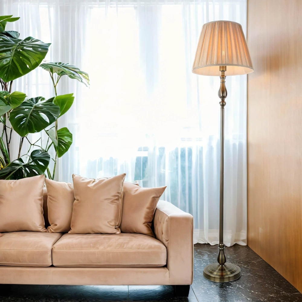 Licht-Erlebnisse Stehlampe FLEMISH, ohne Leuchtmittel, E27 164 cm Stoff rund in Messing Antik Braun Bild 1