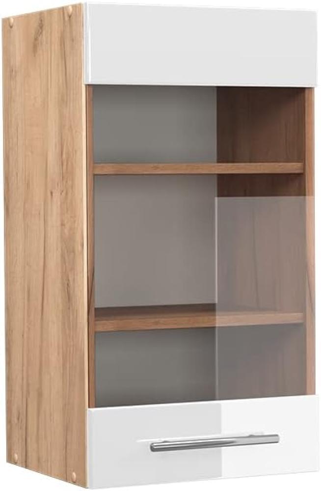 Vicco Küchenschrank Küchenmöbel Fame-Line modern Küche Einbauküche Küchenzeile Blende Unterschrank Hochschrank Hängeschrank Hochglanz (Eiche-Weiß, Hängeglasschrank 40 cm) Bild 1