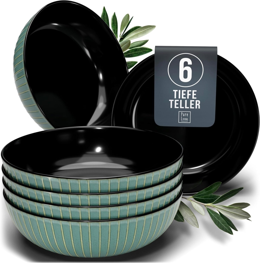 Suppenteller 6er Set - Premium Steingut, Kratzfest, Für Spülmaschine, Mikrowelle - Stylishes Tiefe Teller Set, Pasta Teller Tief Groß - Gerilltes Geschirr in Schwarz und Grün Bild 1