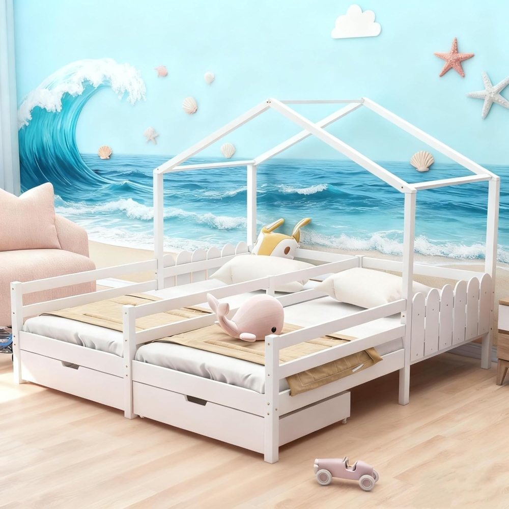 Ball & Cast Bodenbett (90x200 cm) mit 2 Schubladen, Hausbett mit Rausfallschutz und Lattenrost für 2 Kinder, EStabil & Rauschlos, Weiß Bild 1