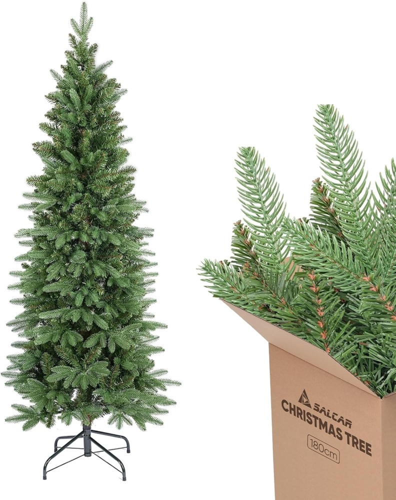 Salcar Künstlicher Weihnachtsbaum 180 cm Schmal Weihnachtsbaum Künstlich Tannenbaum mit 1022 Spitzen, Tanne, 600 PE-Spitzen ≈ 59 % und 422 PVC-Zweige ≈ 41 % Bild 1