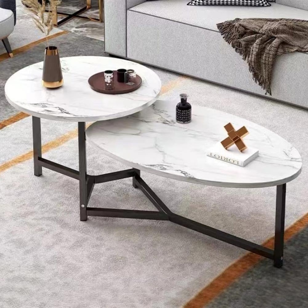 Shally Dogan Couchtisch mit 2 Ablagen Design Luxury Marmor-Effekt, eleganter Couchtisch Premium runde und ovale Platte 2 Ebenen, ideal für Wohnzimmer, Büro (weiß) Bild 1