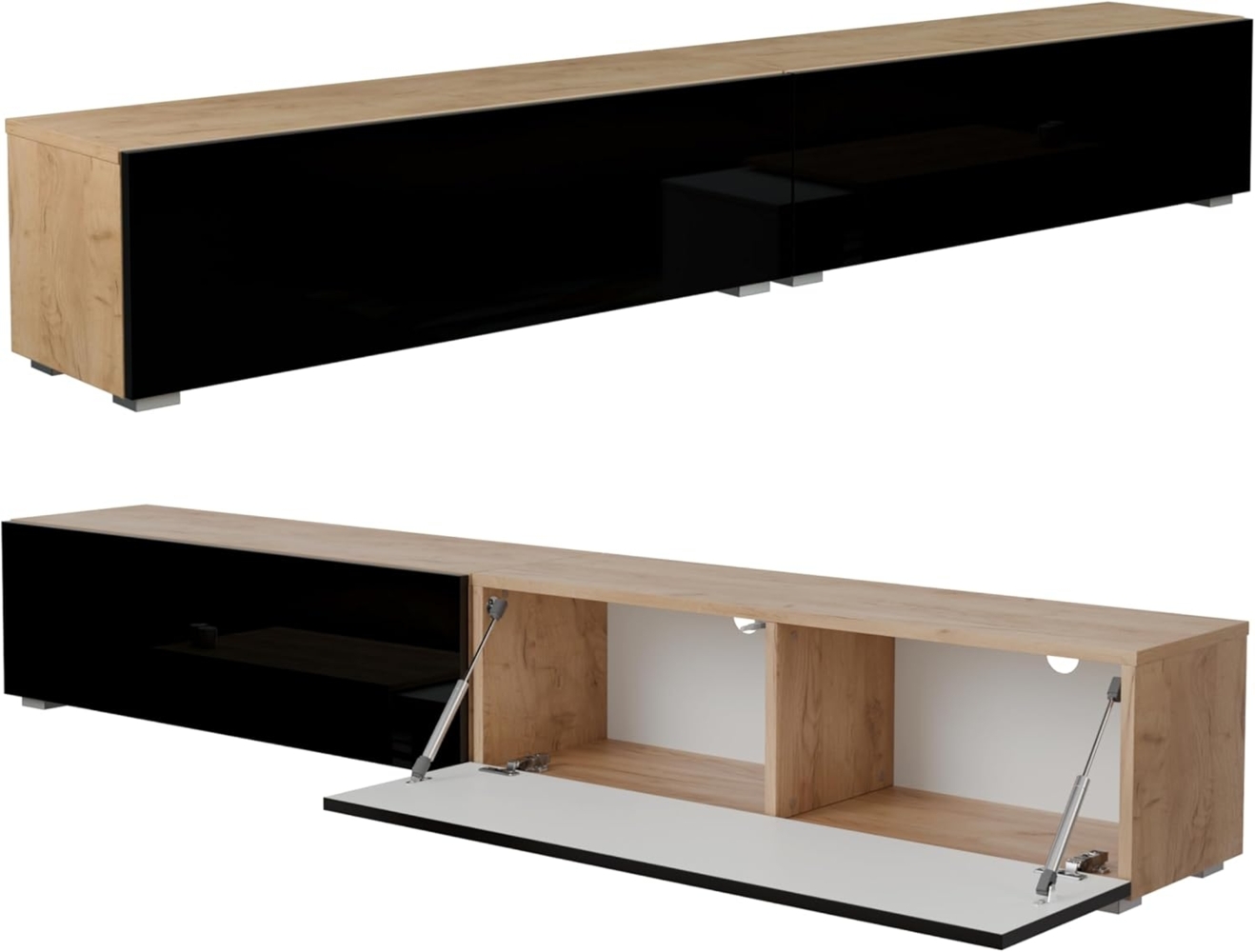 PLATAN ROOM Fernsehschrank TV-Lowboard 105/140 / 160/210 / 280 In Weiß Hängend Oder Stehend Hochglanz Matt (210 x 30 x 32, Eiche Gold/Schwarz Hochglanz) Bild 1