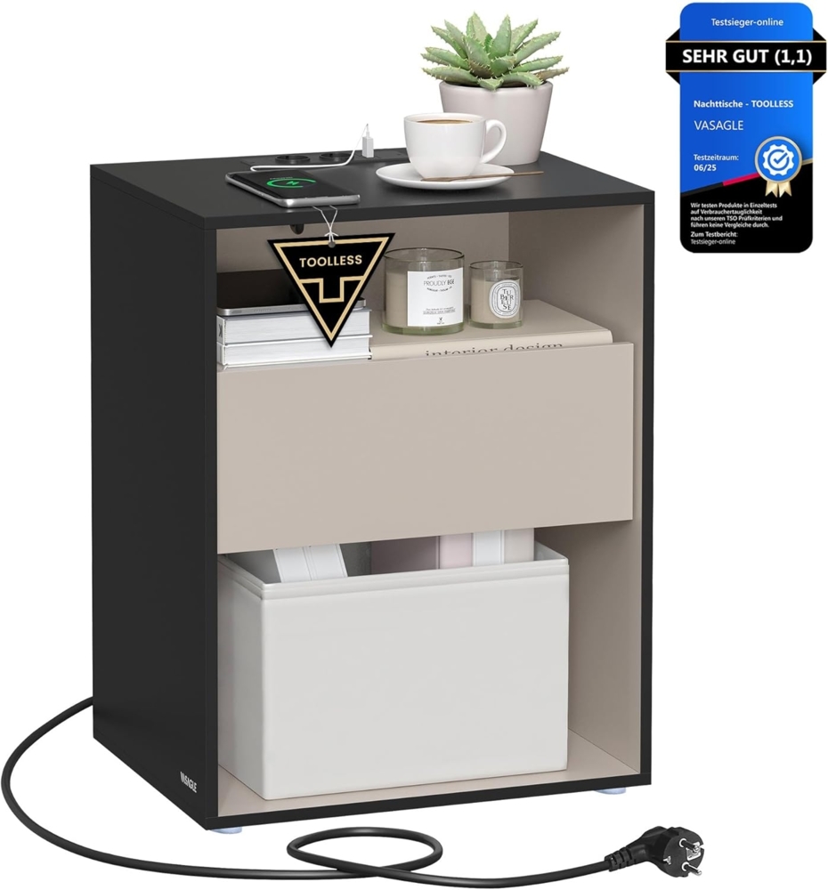 VASAGLE Superschnelle werkzeuglose Montage, Nachttisch, Beistelltisch mit Ladefunktion, Nachtschrank mit Schublade, Schlafzimmer, Toolless-Technologie, tintenschwarz-cappuccinobeige LETDE777B04 Bild 1