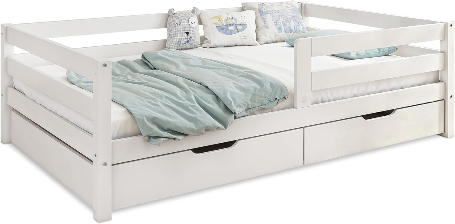 Ehrenkind Kinderbett aus massivem Kiefernholz mit Rausfallschutz in Natur und Weiß (Jugendbett kn weiß, Kinder Bett), Kinderbett 90x200 cm Bild 1