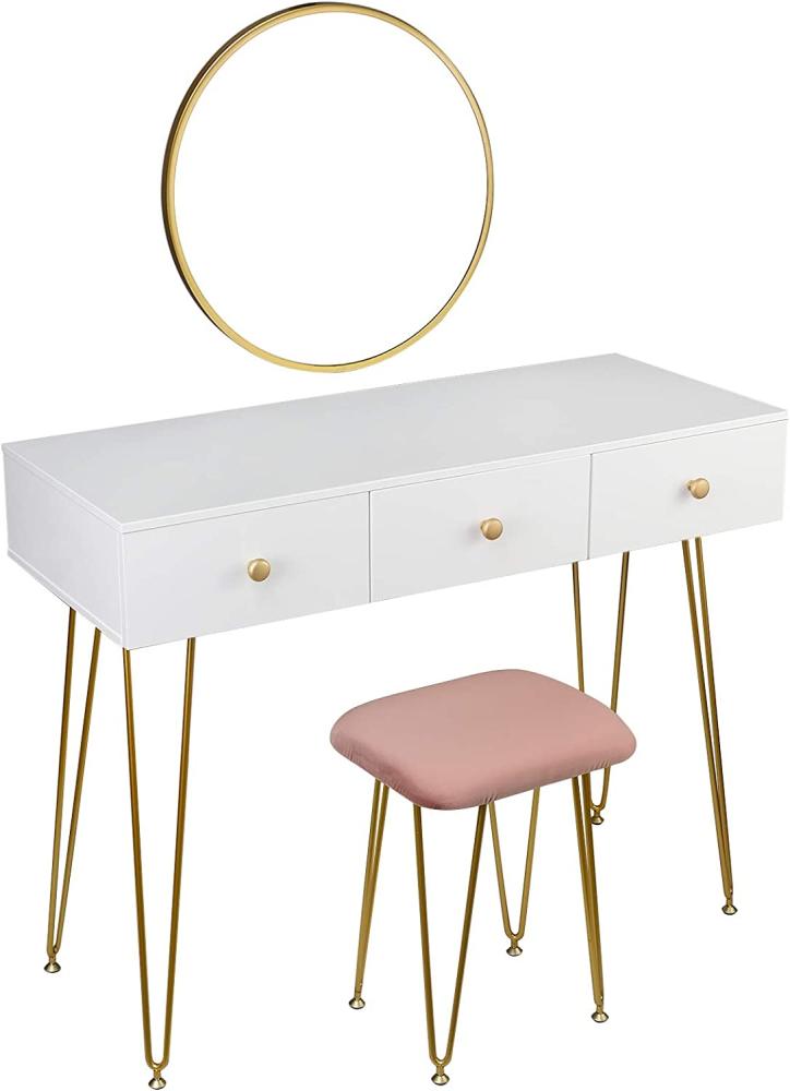 Woltu Schminktisch-Set 'Luxe' weiß/gold mit Hocker, Spiegel & 3 Schubladen Bild 1