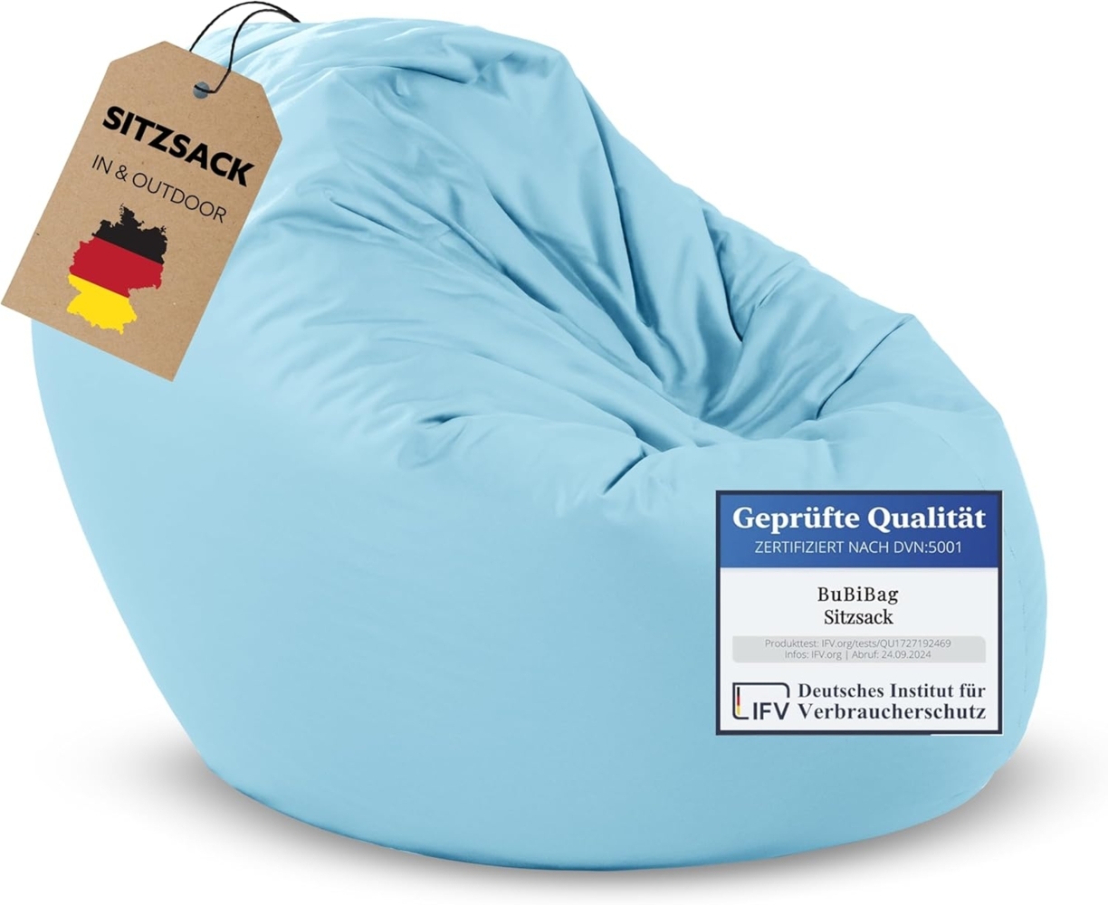 BubiBag XXL Sitzsack, Riesensitzsack für Erwachsene - XXL Sitzsäcke, Sitzkissen oder Gaming Sitzsack, geliefert mit Füllung (145 cm Durchmesser, hellblau) Bild 1
