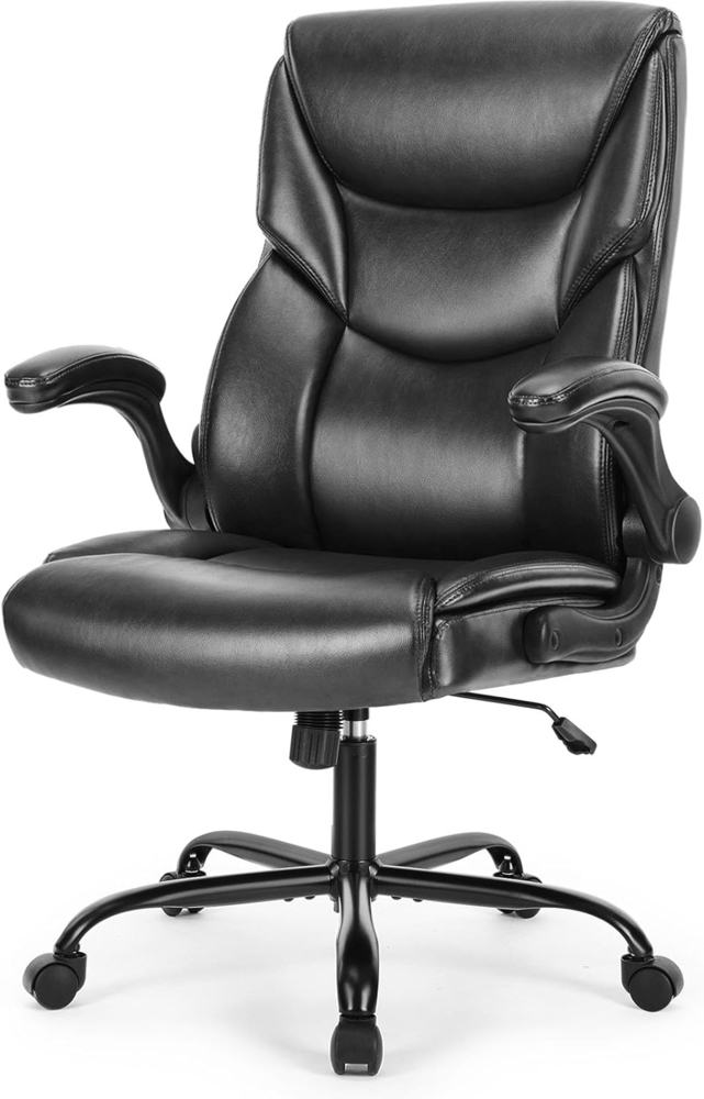 SURFOU Bürostuhl, Höhenverstellbarer Drehstuhl mit Ergonomischer Unterstützung und Klapparmlehnen, Extra breitem Chefsessel in Schwarz Bild 1