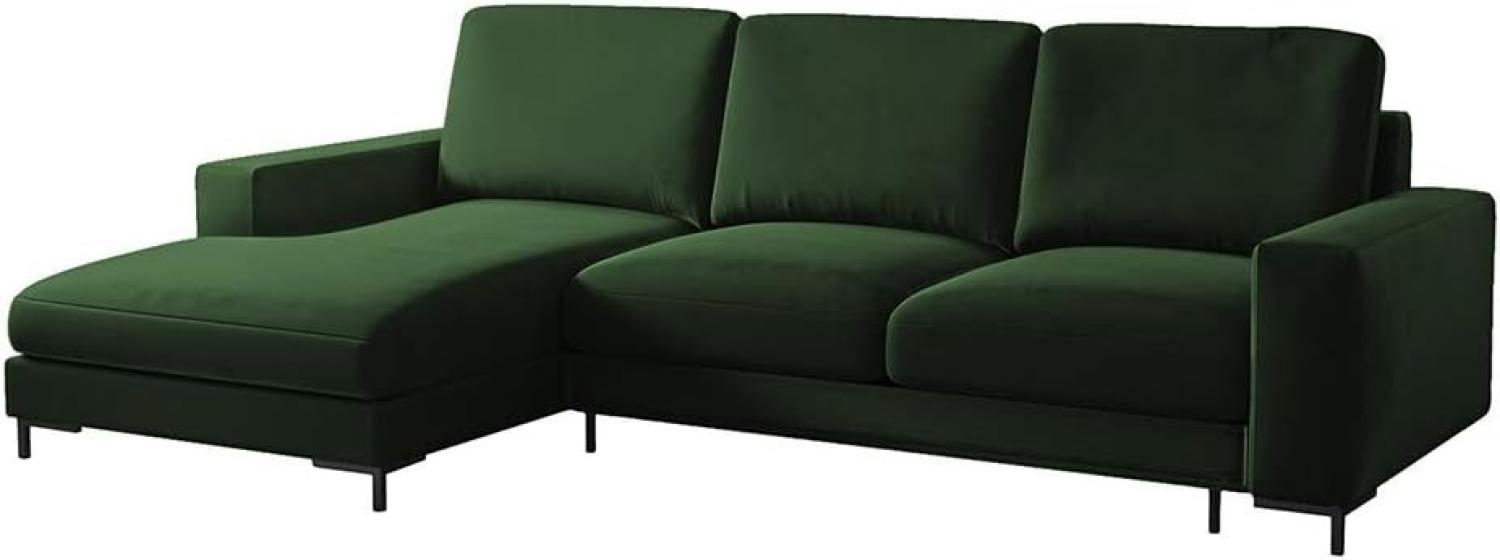 Selsey Mokpeo - Ecksofa mit Schlaffunktion, Bettkasten und schwarzen Füßen, 244 cm breit (Veloursbezug Flaschengrün, Ottomane Links) Bild 1