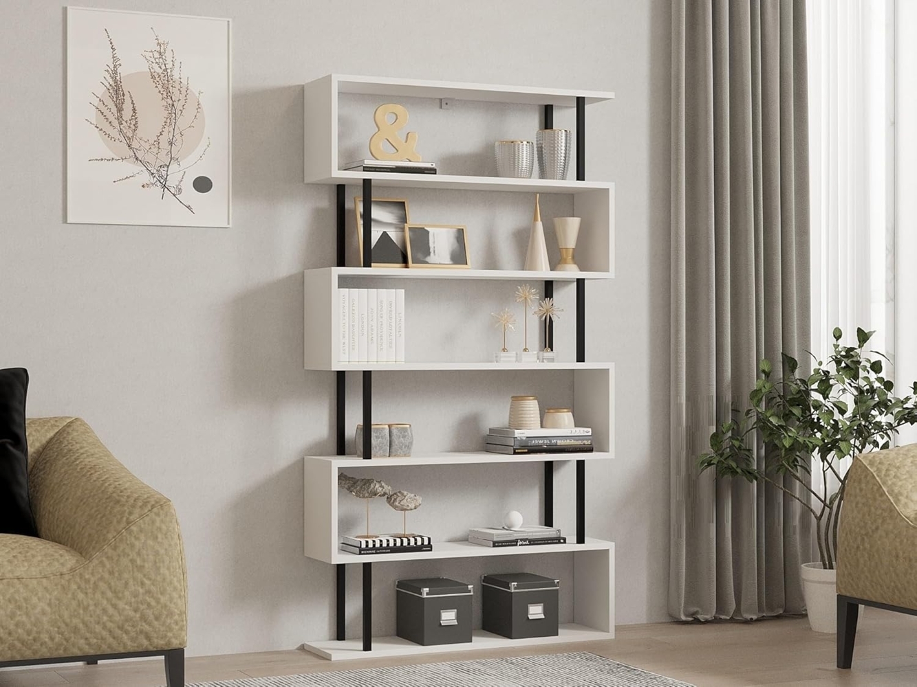 Hanah Home Stylish White Bookshelf, 90 x 162.6 x 22 cm | 100% Melamine Coated Particle Board, 18 mm Thick | Wall-Mountable, Multiple Shelves for Extra Storage Bild 1