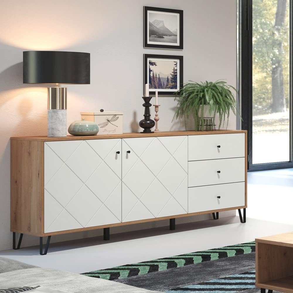 Sideboard modern Wohnzimmer TORINO-19 in Artisan Eiche Nb. mit weiß matt und Metallfüßen, B/H/T: ca. 183/76/40 cm Bild 1