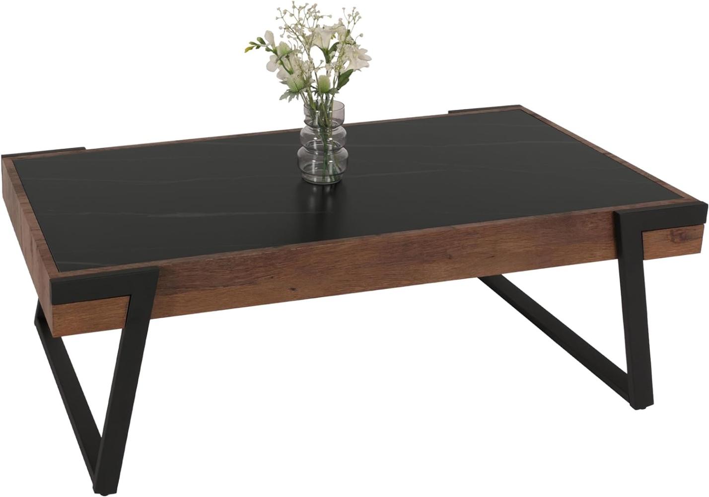 Couchtisch HWC-L89, Sofatisch Wohnzimmertisch, Eisen 43x120x64cm Sinterstein Marmor-Optik schwarz Holz dunkelbraun Bild 1