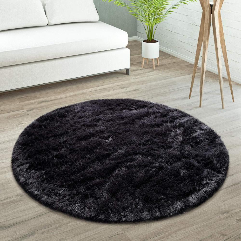 Paco Home Hochflor Teppich Wohnzimmer rutschfest Fellteppich Shaggy Flauschig Weich Modern Kunstfell Fell Imitat Einfarbig, Grösse:200 cm Rund, Farbe:Schwarz Bild 1