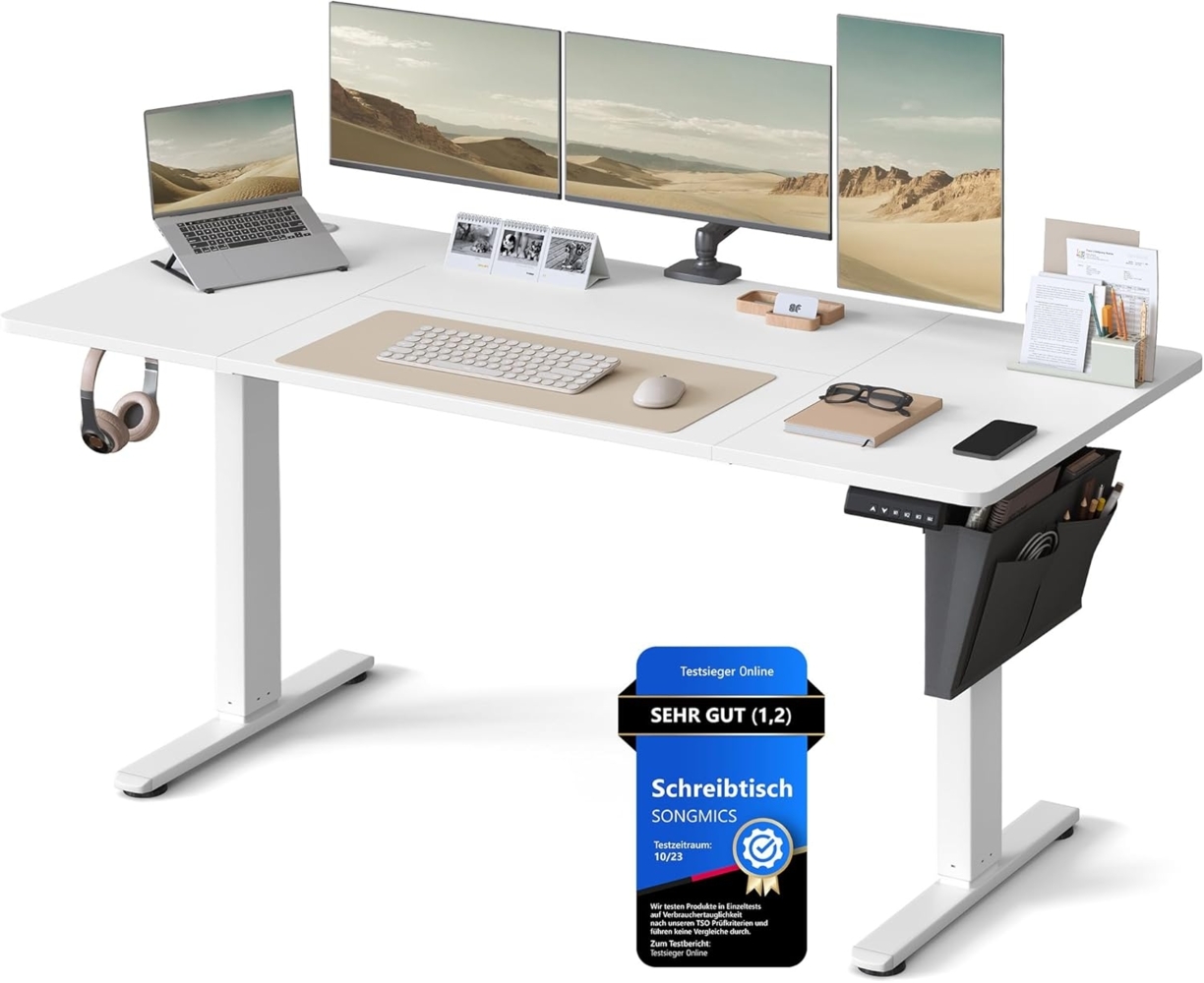Songmics Höhenverstellbarer Schreibtisch elektrisch, 70x160 x (72-120) cm, Verstellbarer Tisch, Memory-Funktion für 4 Höhen, für Homeoffice, Arbeitszimmer, wolkenweiß Bild 1