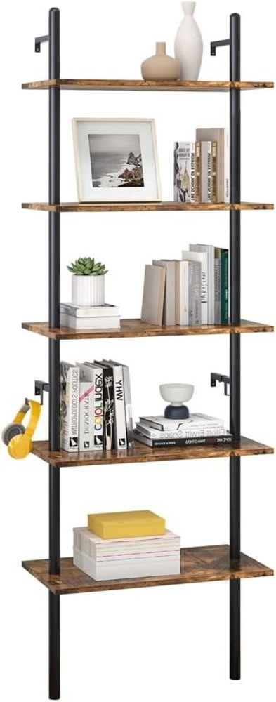 Industrielles Leiterregal 5-stufiges Bücherregal 180CM Aufbewahrungseinheit mit Metallrahmen Schwebendes Wandregal für Wohnzimmer, Büro, Schlafzimmer Bild 1