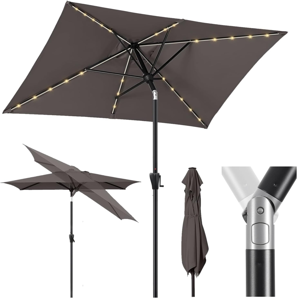 Sekey Sonnenschirm mit LED-Beleuchtung, Kurbel & UV50+, knickbar, Aluminium cappuccino, 200 x 300 cm Bild 1