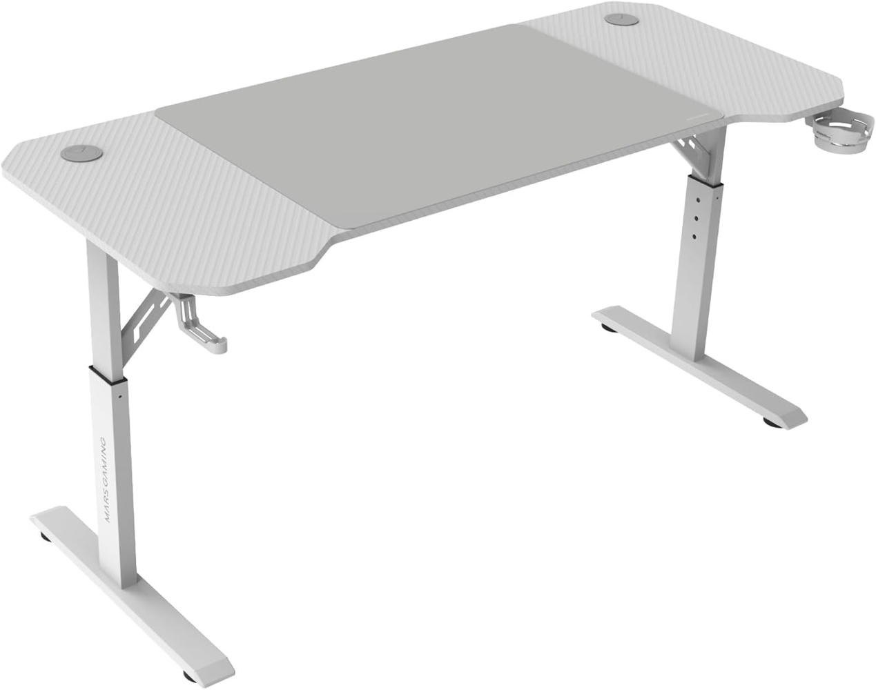 MARSGAMING MGD-ERGO140, Höhenverstellbarer Gaming-Tisch 3 Positionen, Ergonomische Oberfläche, Metallstruktur, XXL-Mauspad, Headset- und Getränkehalter, Kabelmanagement, Gaming Desk 140x60 cm, Weiß Bild 1