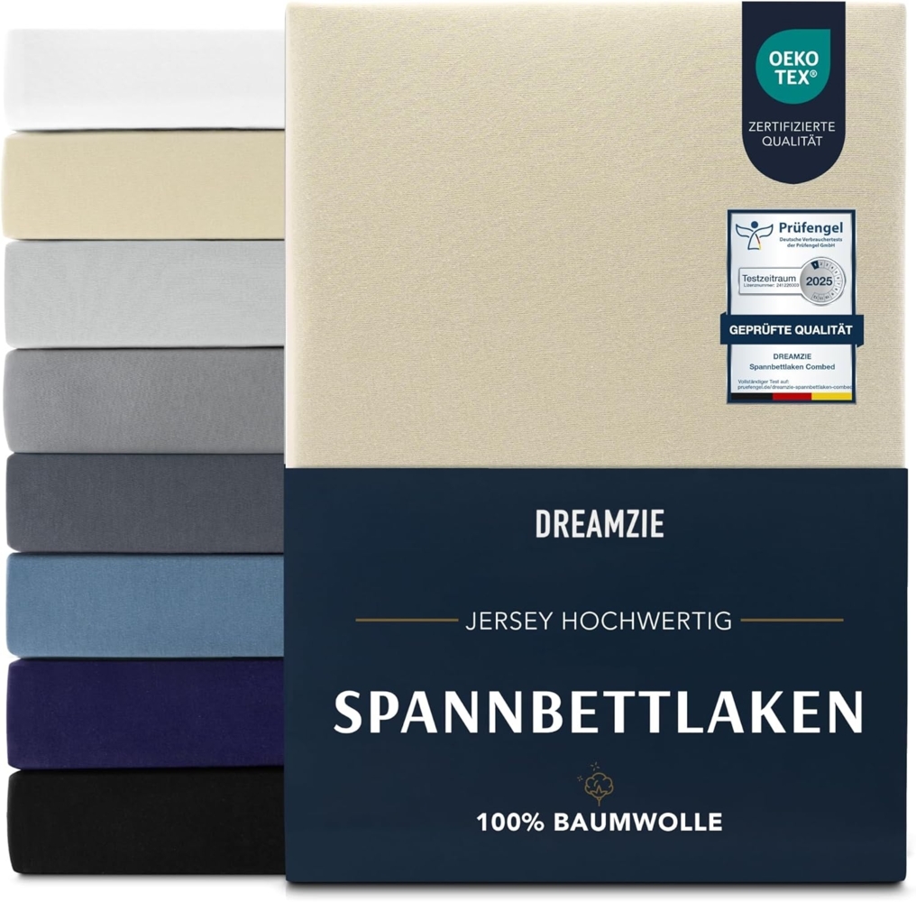 Dreamzie Premium Spannbettlaken 160x200 cm, Spannbetttuch für Dicke Matratzen bis zu 27 cm, Bettlaken 100% Jersey Baumwolle, 150 g/m², Oeko-TEX zertifiziert - Beige Bild 1