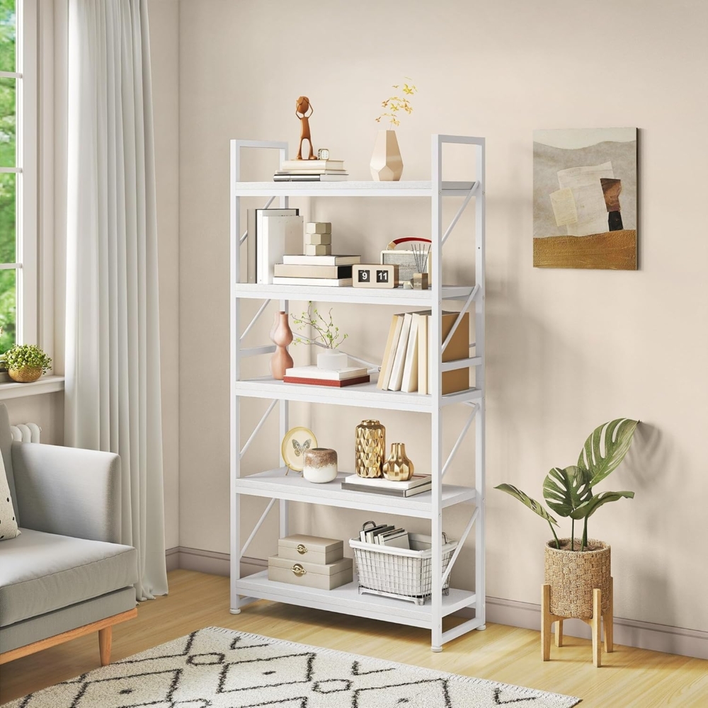YITAHOME Bücherregal mit 5 Ebenen, Großes Standregal, Holzregal und Metallrahmen, Industrieregal, Bodenstehendes Lagerregal, für Wohnzimmer, Home Office, Weiß Regal Bild 1