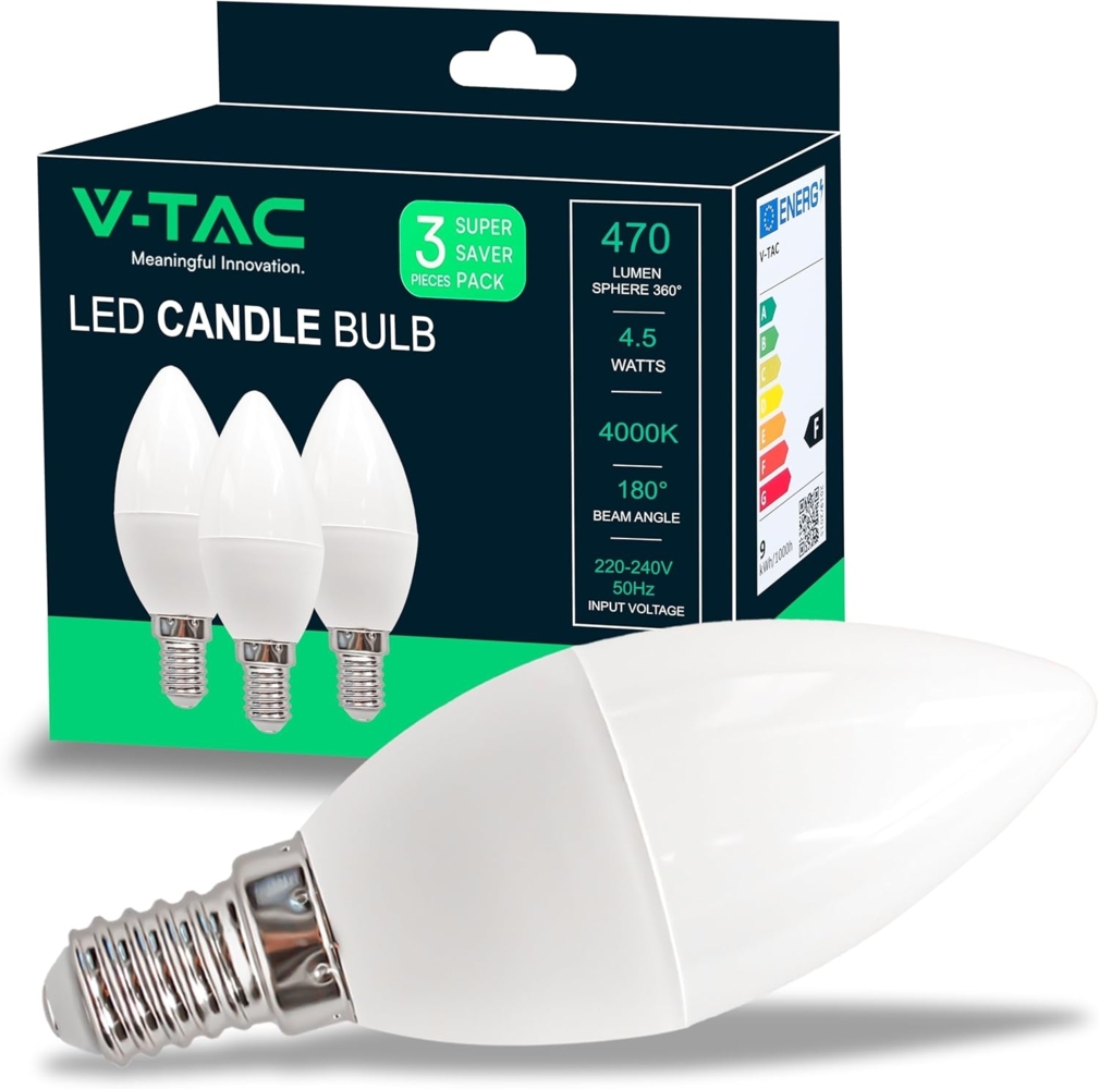 V-TAC 3x LED Glühbirne E14 Kerze - 4,5W (entspricht 40W) Kerzenlampe - 3er Pack - 470Lumen - Kerze Lampe - LED Glühlampen - Energiesparlampe - Licht 4000K Neutralweiß, Kaltweiß Bild 1