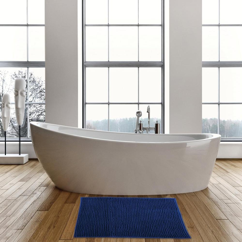 MSV Badteppich 2er Set Badvorleger Duschvorleger Chenille Hochflor Badematte 40x60 cm + 60x90 cm – Dunkelblau Bild 1