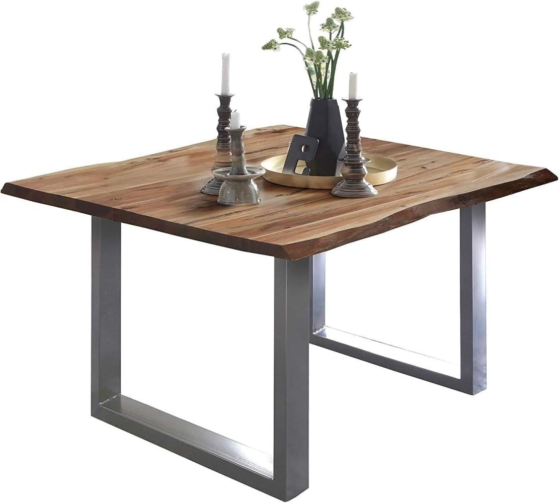 SAM Baumkantentisch 80x80 cm Mephisto, Akazienholz massiv + naturfarben lackiert, Esstisch mit Silber lackiertem U-Gestell, Esszimmertisch/Holztisch im Industrial-Design, Tischplatte 26 mm Bild 1