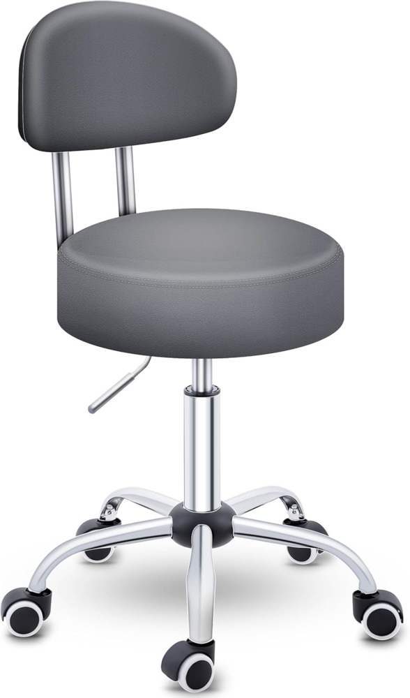 TRESKO® Rollhocker mit Lehne Grau | Arbeitshocker höhenverstellbar 47-60 cm | Drehhocker mit Rollen | Bürostuhl Hocker Drehstuhl Kosmetikhocker Bild 1