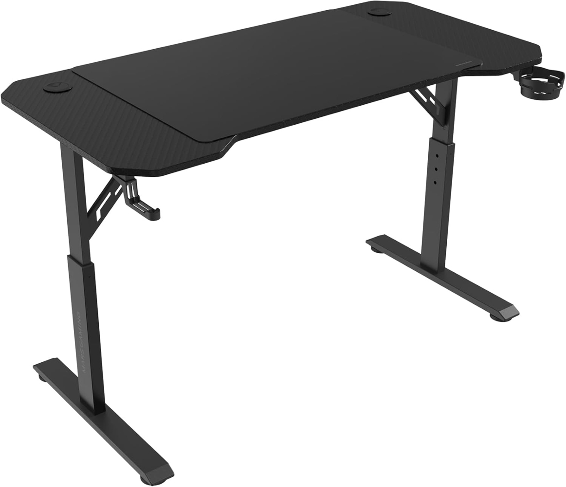 MARSGAMING MGD-ERGO120, Höhenverstellbarer Gaming-Tisch 3 Positionen, Ergonomische Oberfläche, Metallstruktur, XXL-Mauspad, Headset- und Getränkehalter, Kabelmanagement, Gaming Desk 120x60 cm, Schwarz Bild 1