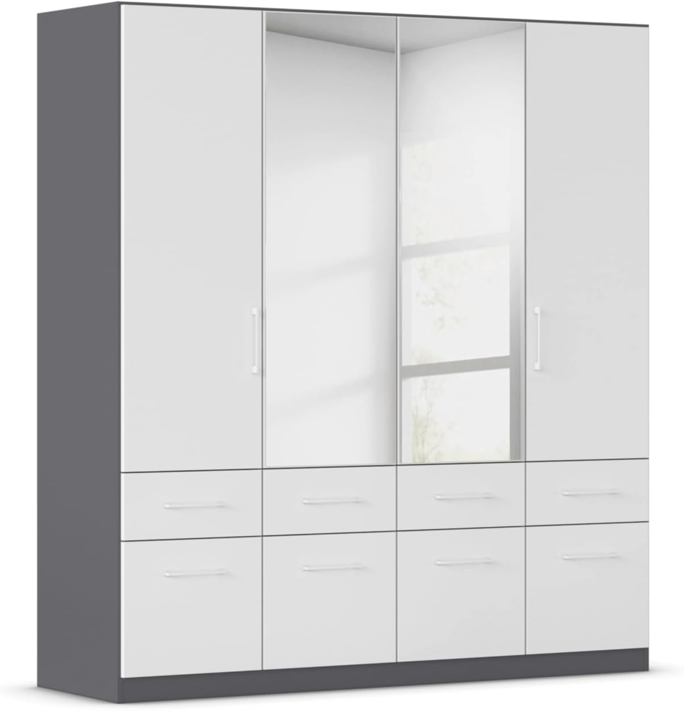 Rauch Möbel Dundee, Kleiderschrank, Schrank, Garderobe, Organizer, 4-türig, mit Spiegel, 8 Schubladen für mehr Stauraum, Farbe Weiß/Grau metallic, Schwarz, Stangengriff Weiß, 181 x 197 x 54 cm Bild 1