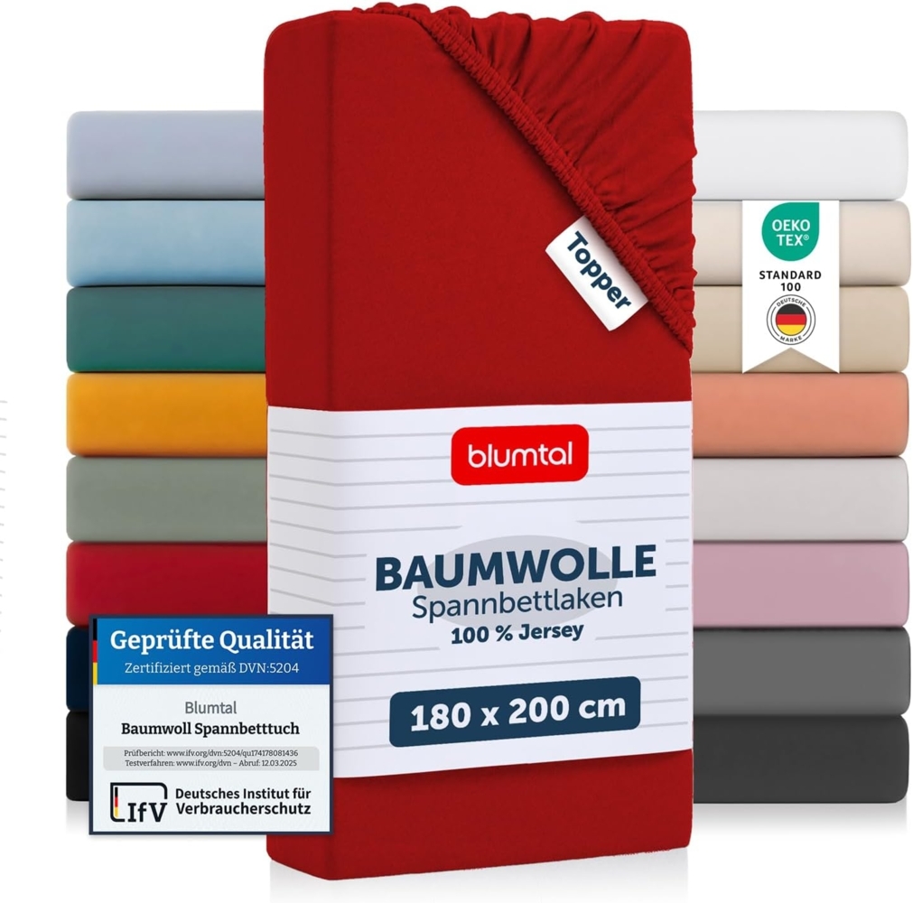 Blumtal® Basics Jersey Spannbettlaken 180x200 cm -Oeko-TEX Zertifiziert, 100% Baumwolle Bettlaken, bis 7cm Topperhöhe, Rot Bild 1
