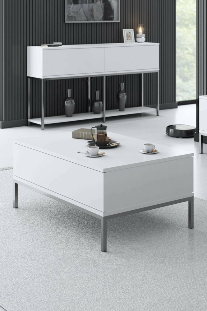 Dmora - Wohnzimmertisch Antares, Niedriger Wohnzimmertisch, Kaffeeregal, Couchtisch für Sofa, 90x60h40 cm, Weiß und Silber Bild 1
