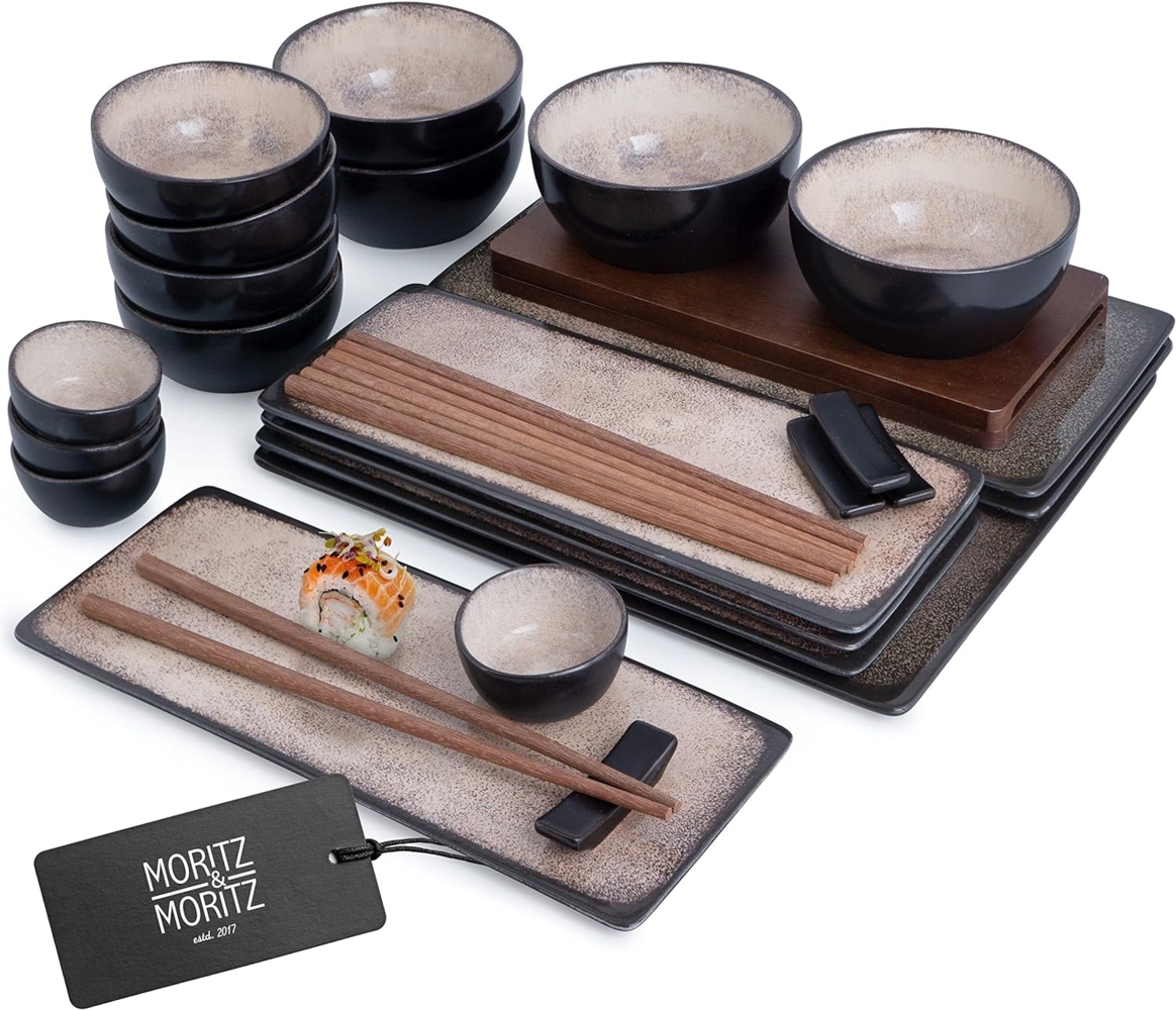 Moritz & Moritz VIDA 29-tlg. Sushi Geschirr Set für 4 Personen - Servierset mit 3x -Platte - 4x -Teller, Miso-Schale, Schälchen und Stäbchen Bild 1