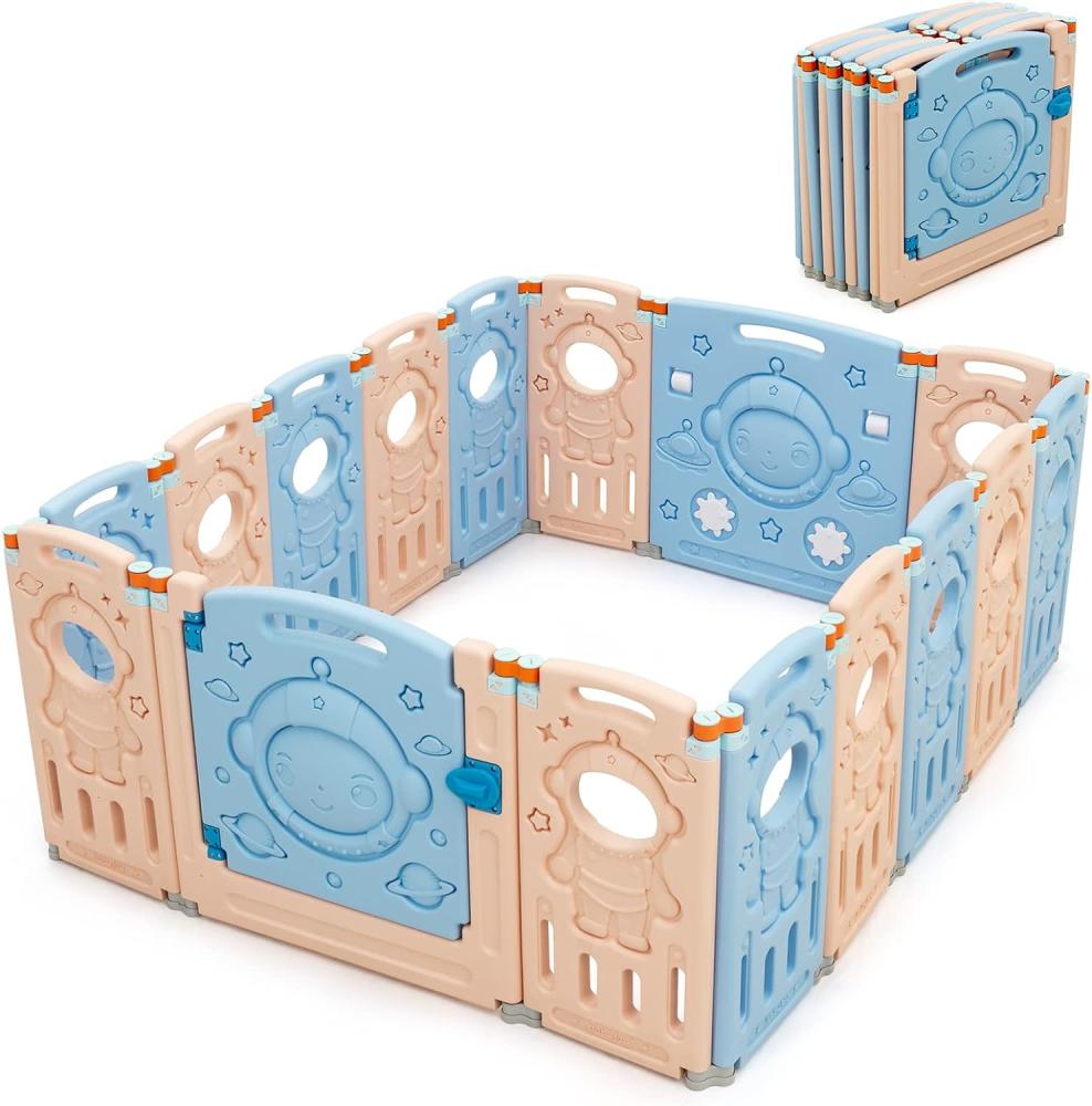 COSTWAY Laufgitter mit Tür und Spielzeugboard, Baby Laufstall faltbar, Absperrgitter aus Kunststoff, Krabbelgitter, Spielzaun für Kinder, Schutzgitter (16 Paneelen) Bild 1