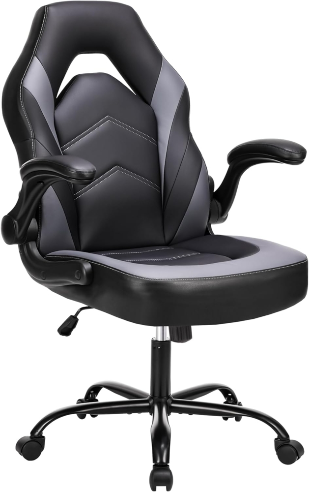 Sweetcrispy Gaming Stuhl,Leder Ergonomischer Bürostuhl,Gamer PC Stühle mit Armlehne,90-120° Einstellbar Gaming Chair,Drehbar Schreibtischstuhl Computerstuhl,Schwarz Grau Bild 1