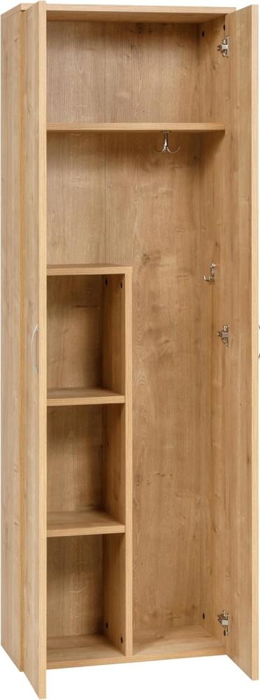 Furni24 Holz Putzmittelschrank, Wäscheschrank aus Holz mit Türen, Kleiderschrank aus Holz, Garderobenschrank, Mehrzweckschrank, Schrank & Putzschrank, 2 Tür Mit Haken und 3 Regale, Eiche, 60x34x180cm… Bild 1