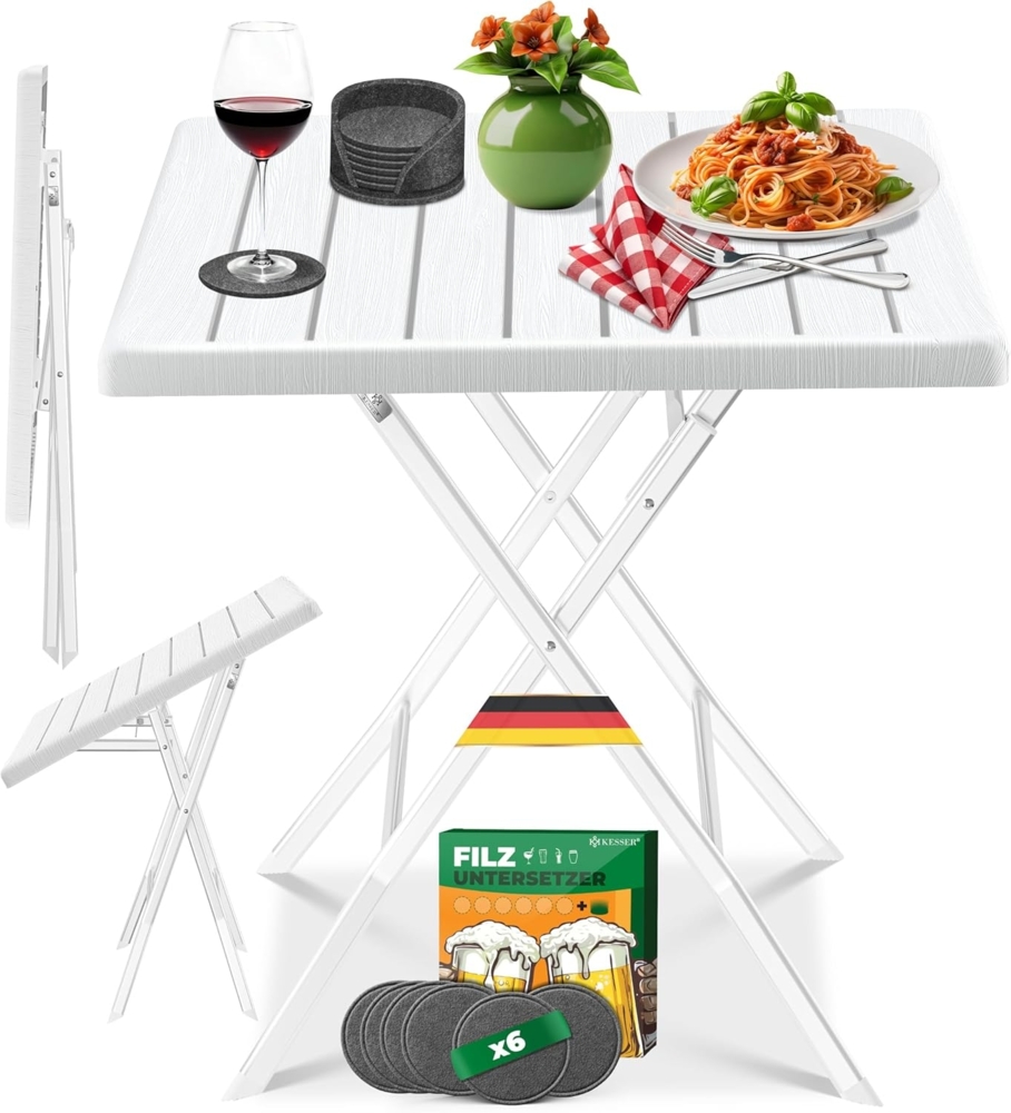 KESSER® Balkontisch klappbar | Wetterfest & UV-beständig | Balkonmöbel | Beschichteter Stahl | Outdoor Gartentisch | Gartenmöbel mit 6 Filz-Untersetzer | Bistrotisch bis zu 100 kg belastbar Weiß, Holz-Optik Bild 1