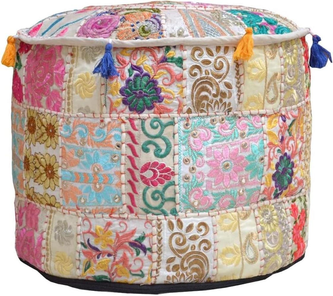 Aakriti Indian Pouf Fußhocker mit Stickerei Pouf, indische Baumwolle, Pouffe osmanischen Pouf Cover mit ethnischem Dekor Kunst - Cover (Beige, 46x33 cms) Bild 1