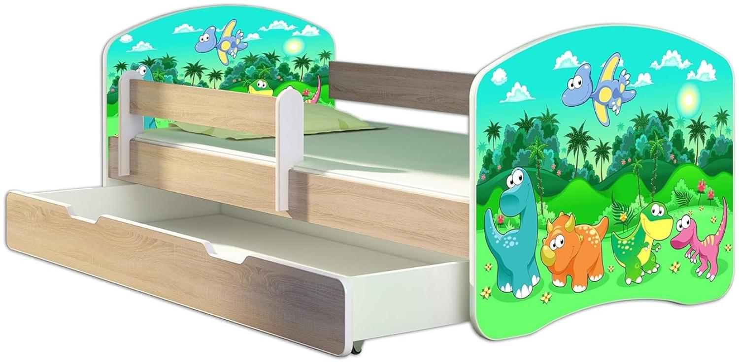 Kinderbett Jugendbett mit einer Schublade und Matratze Sonoma mit Rausfallschutz Lattenrost ACMA II 140x70 160x80 180x80 (30 Dino, 140x70 + Bettkasten) Bild 1