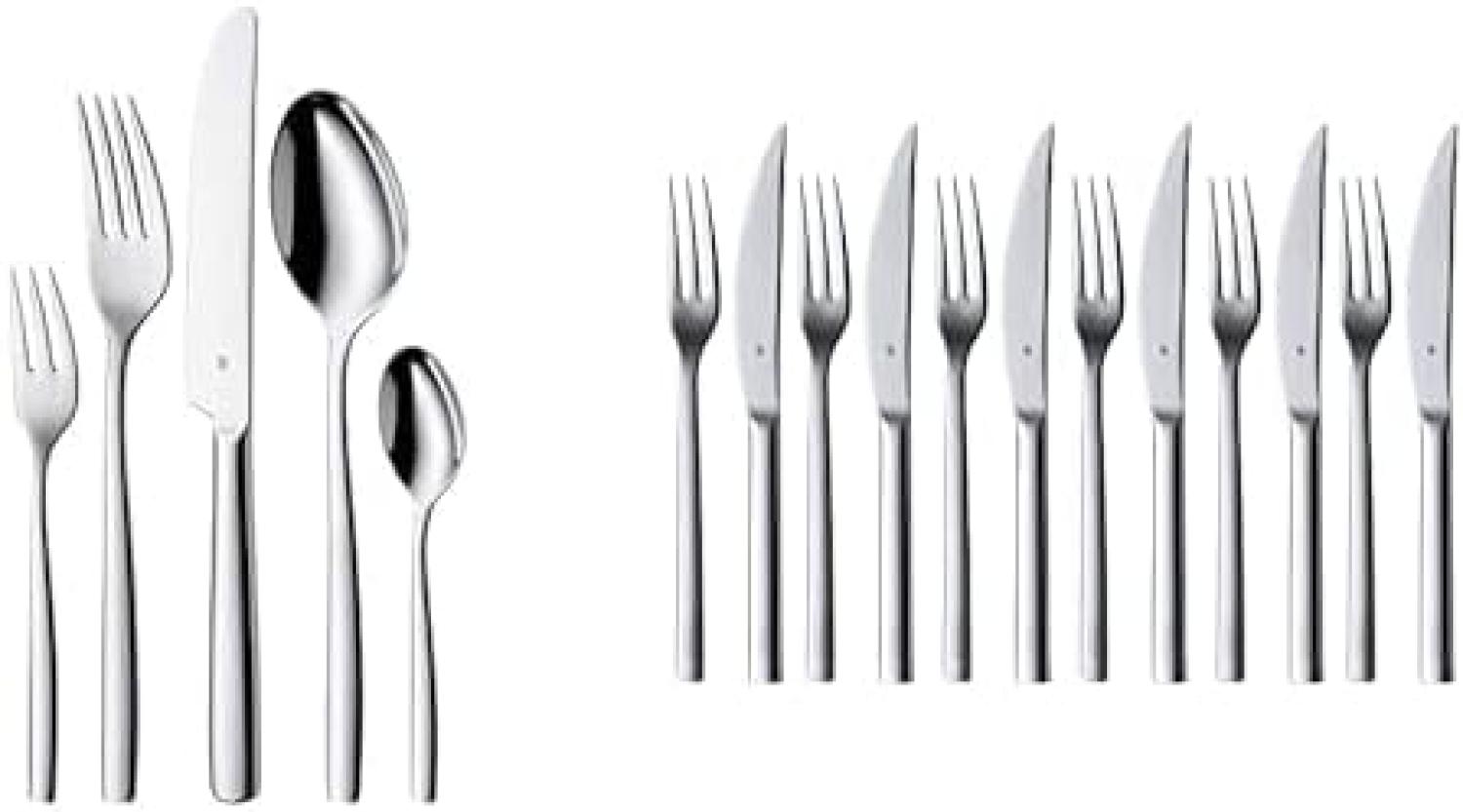 WMF Palma Besteck Set 12 Personen, Essbesteck 60 teilig & Nuova Steakbesteck 12-teilig, für 6 Personen, Steakgabel, Steakmesser, Cromargan Edelstahl poliert, spülmaschinengeeignet Bild 1