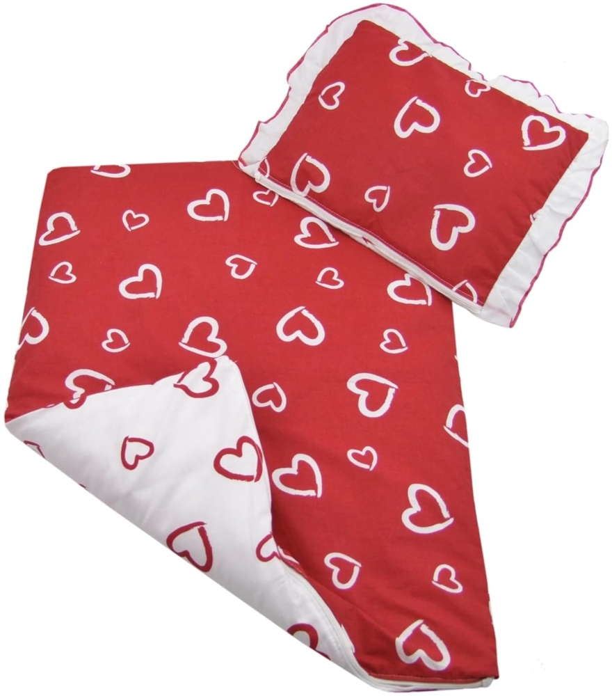 2 tlg. Set Bezug in 70x50 cm für Kinderwagen, Wiege und Stubenwagen Kinderbettwäsche Garnitur Bettwäsche *Deckenbezug + Kissenbezug* (Herzen rot-weiß) Bild 1