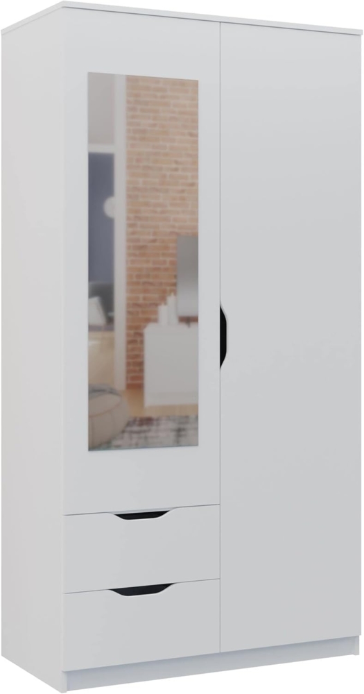 Oggi Doppeltüriger Kleiderschrank Schrank mit Spiegel 2 Schubladen und 1 Regal Geeignet für Wohnzimmer Flur Aus Schichtstoffplatte 40 x 122 x 50 cm Weiß Matt Bild 1