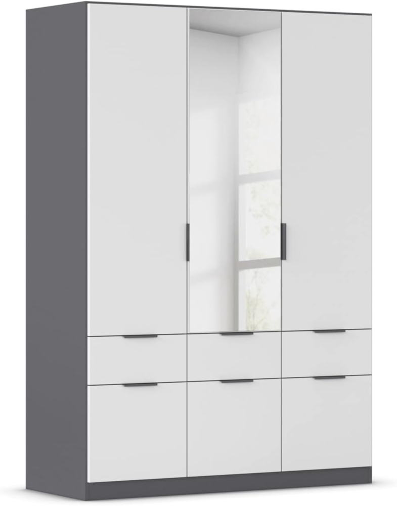 Rauch Möbel Dundee, Kleiderschrank, Schrank, Garderobe, Organizer, 3-türig, Spiegel, 6 Schubladen für mehr Stauraum, Farbe Weiß/Grau metallic, Schwarz, Kurze Griffleiste Grau metallic, 136 x 197 x 54 cm Bild 1
