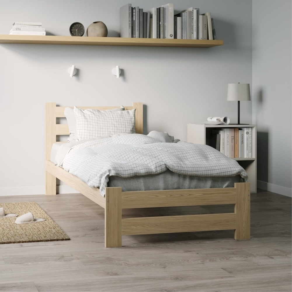 Home Collective Holzbett mit Lattenrost Modern Bett Kiefer Bettgestell Massivholzbett Klassisch (90x200, 120x200, 140x200, 160x200 cm), Einzelbett, Skandi Boho Landhaus Kopfteil hoch 90x200 cm natur Bild 1