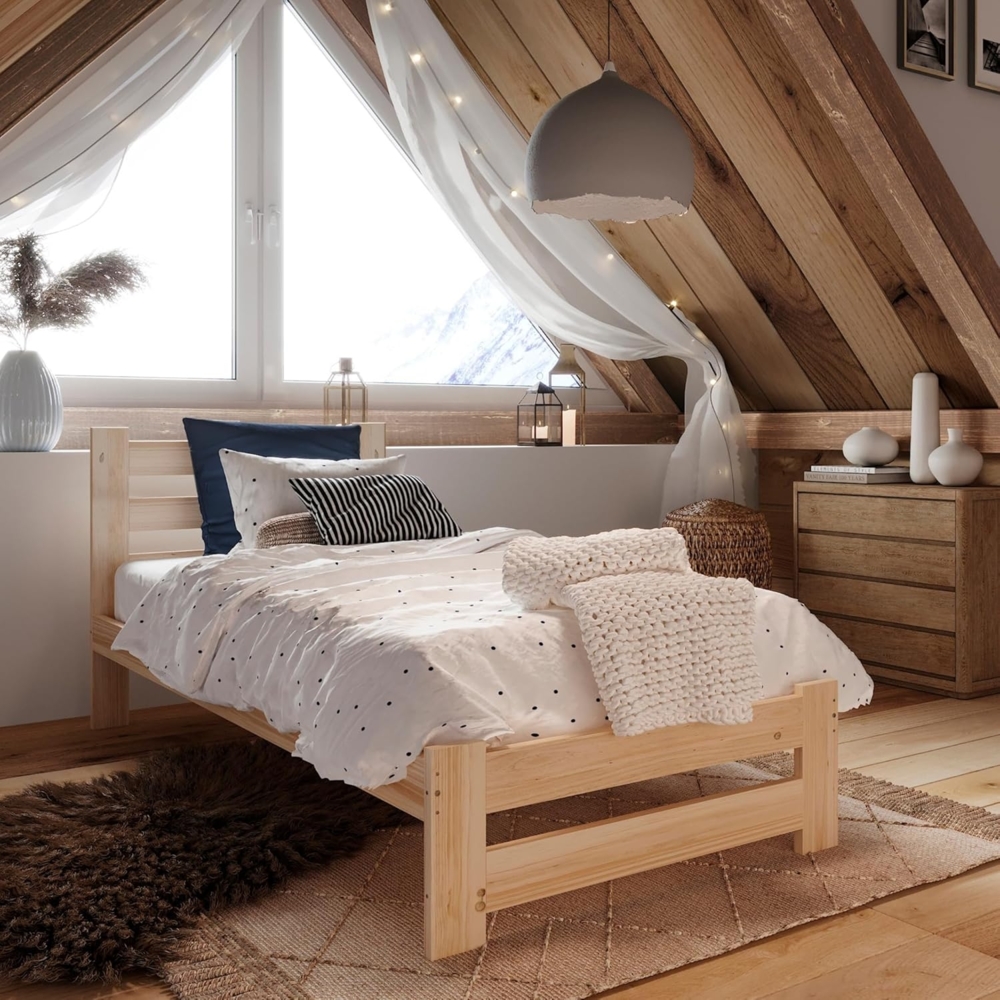 Home Collective Holzbett mit Lattenrost Modern Bett Kiefer Bettgestell Massivholzbett Klassisch (90x200, 120x200, 140x200, 160x200 cm), Einzelbett, Skandi Boho Landhaus Kopfteil hoch 90x200 cm natur Bild 1