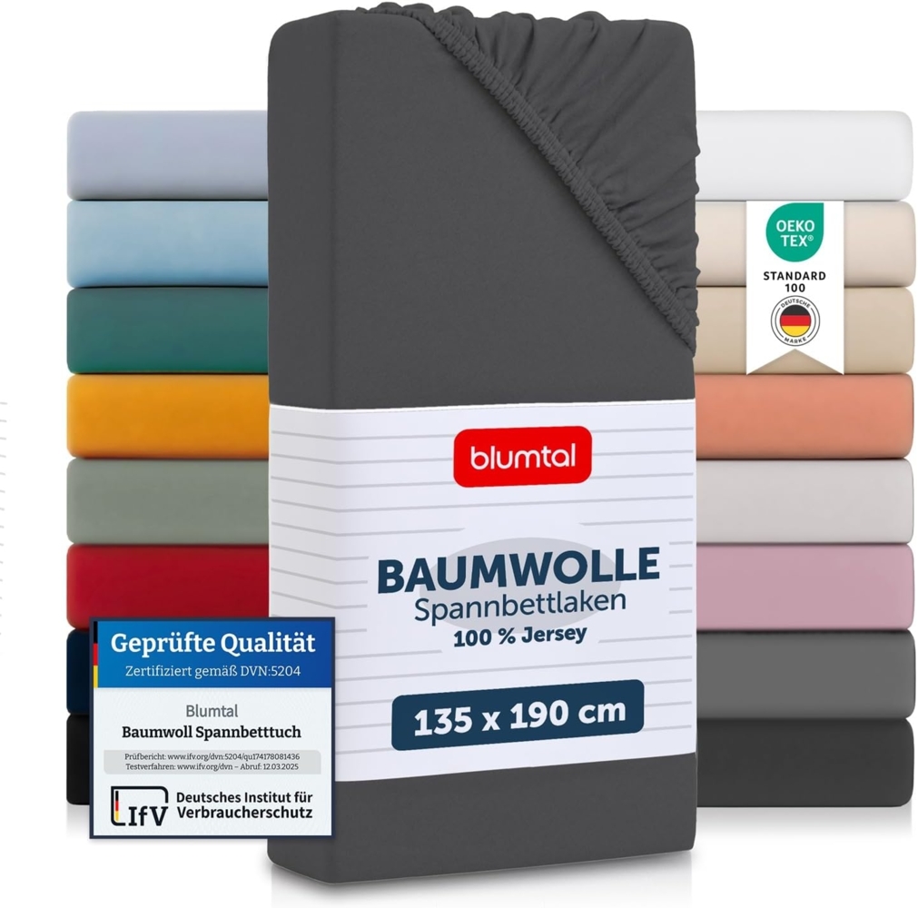 Blumtal® Basics Jersey (2er-Set) Spannbettlaken 135x190 cm - Oeko-TEX Zertifiziert, 100% Baumwolle Bettlaken, bis 20cm Matratzenhöhe, Anthrazit Bild 1