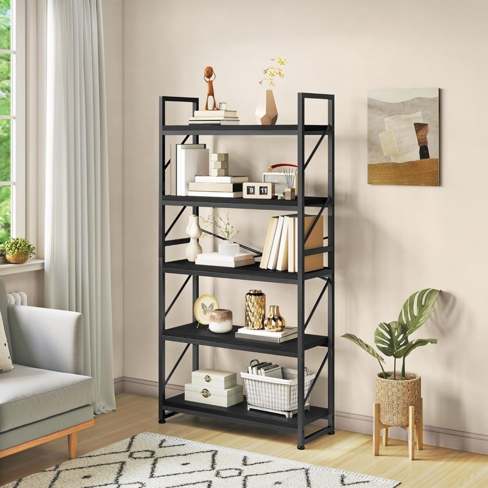 YITAHOME Bücherregal mit 5 Ebenen, Großes Standregal, Holzregal und Metallrahmen, Industrieregal, Bodenstehendes Lagerregal, für Wohnzimmer, Home Office, Schwarz Regal Bild 1